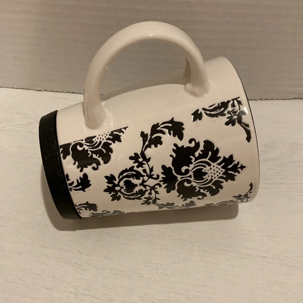 Pier 1 White and Black Damask Design Handpainted Stoneware Mug Cup